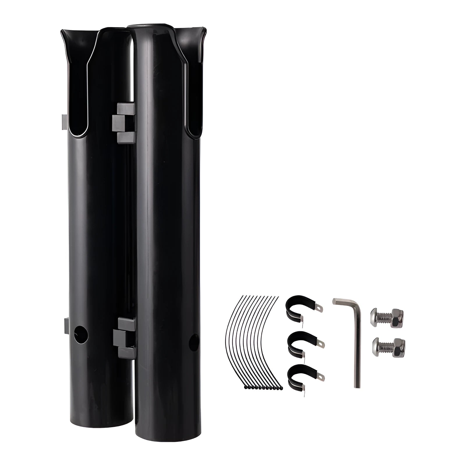 Plastic fishing rod rack with carbon finish mounted on a bicycle handlebar