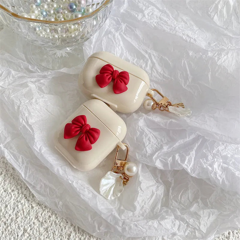 Beige red solid colour TPU protective case for AirPods wireless earphones with clamshell design