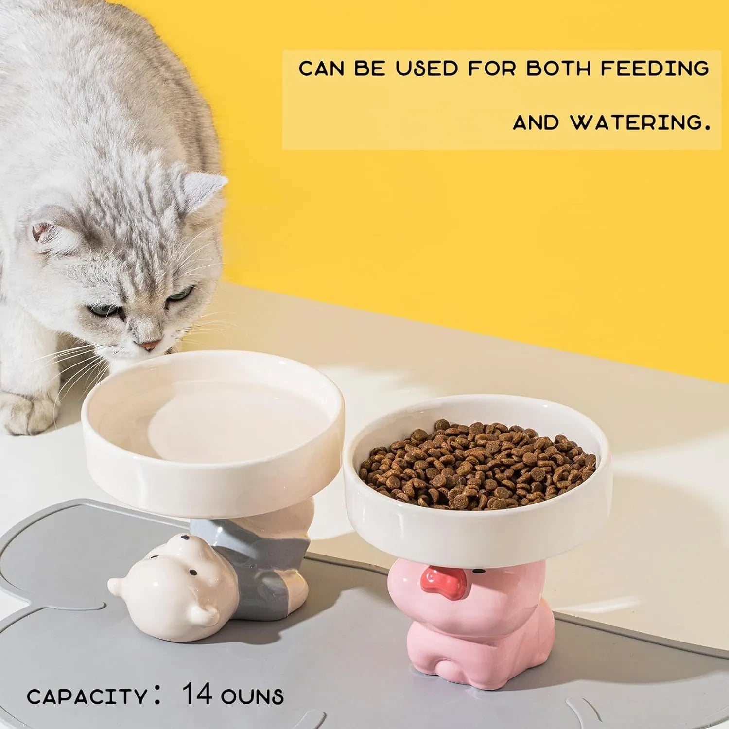 White ceramic raised cat bowl with bear design, showing wide opening and elevated base.