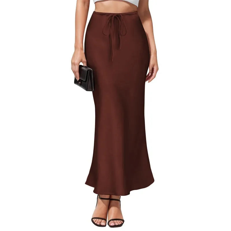 Acetate satin asymmetric skirt with irregular stitching in high-waist design, showing colour options
