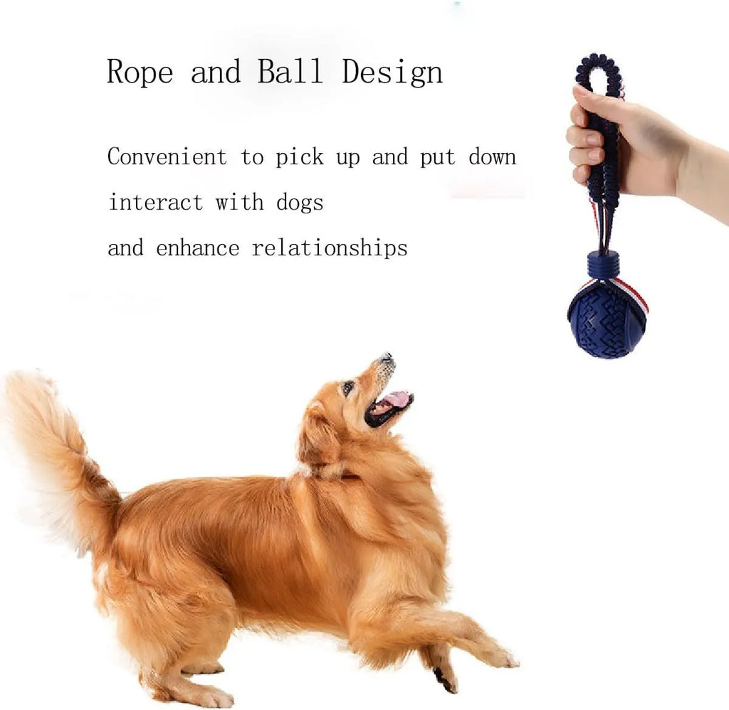 Blue dog ball with rope toy for small dogs, showing textured surface and 29cm length.