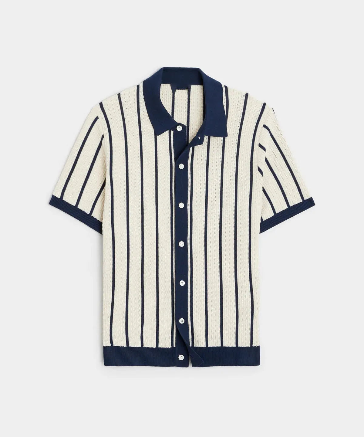 Men's white British style asymmetrical lapel knitted top with short sleeves and stripe pattern