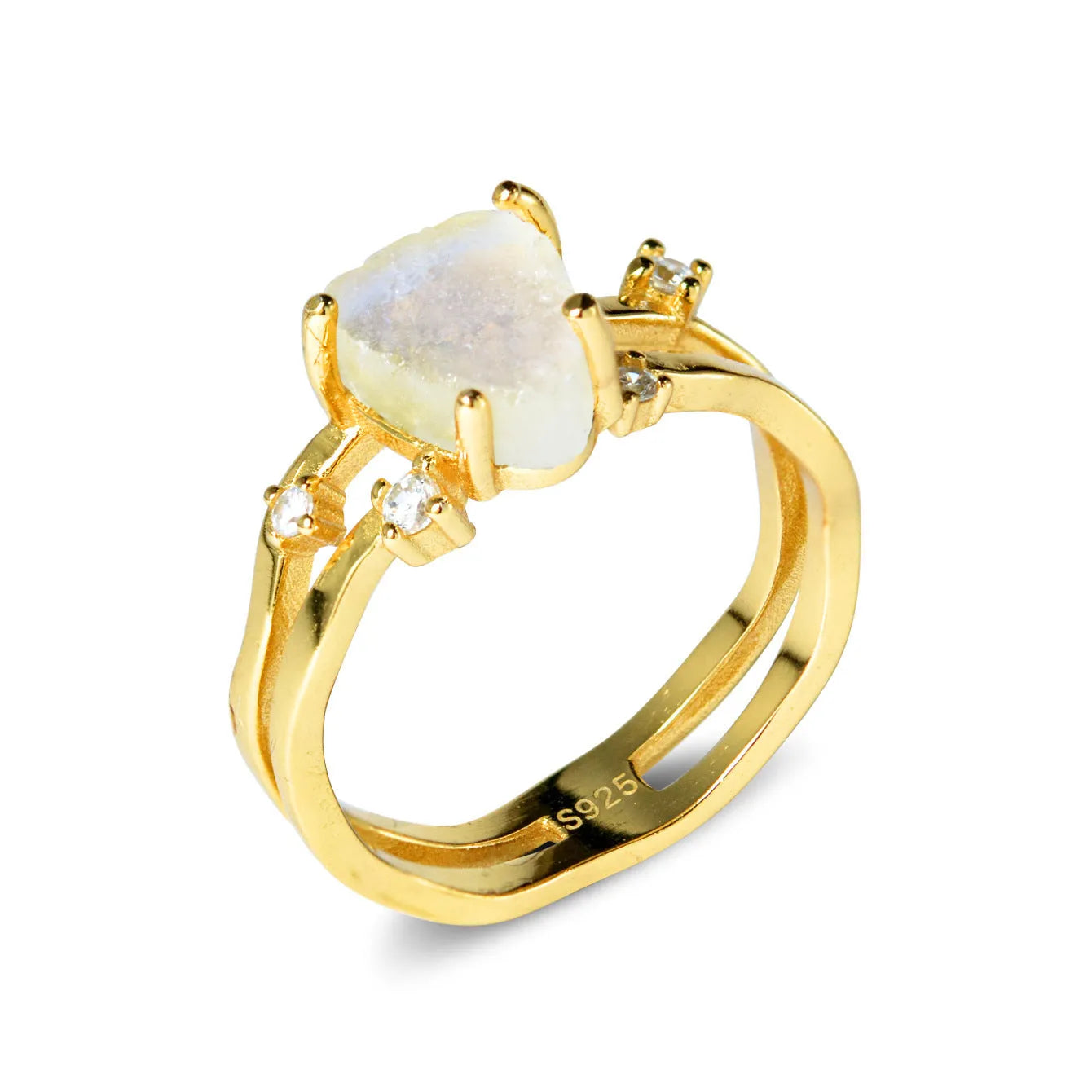 S925 silver geometric ring with irregular triangle design and moonstone detail in rose gold electroplating