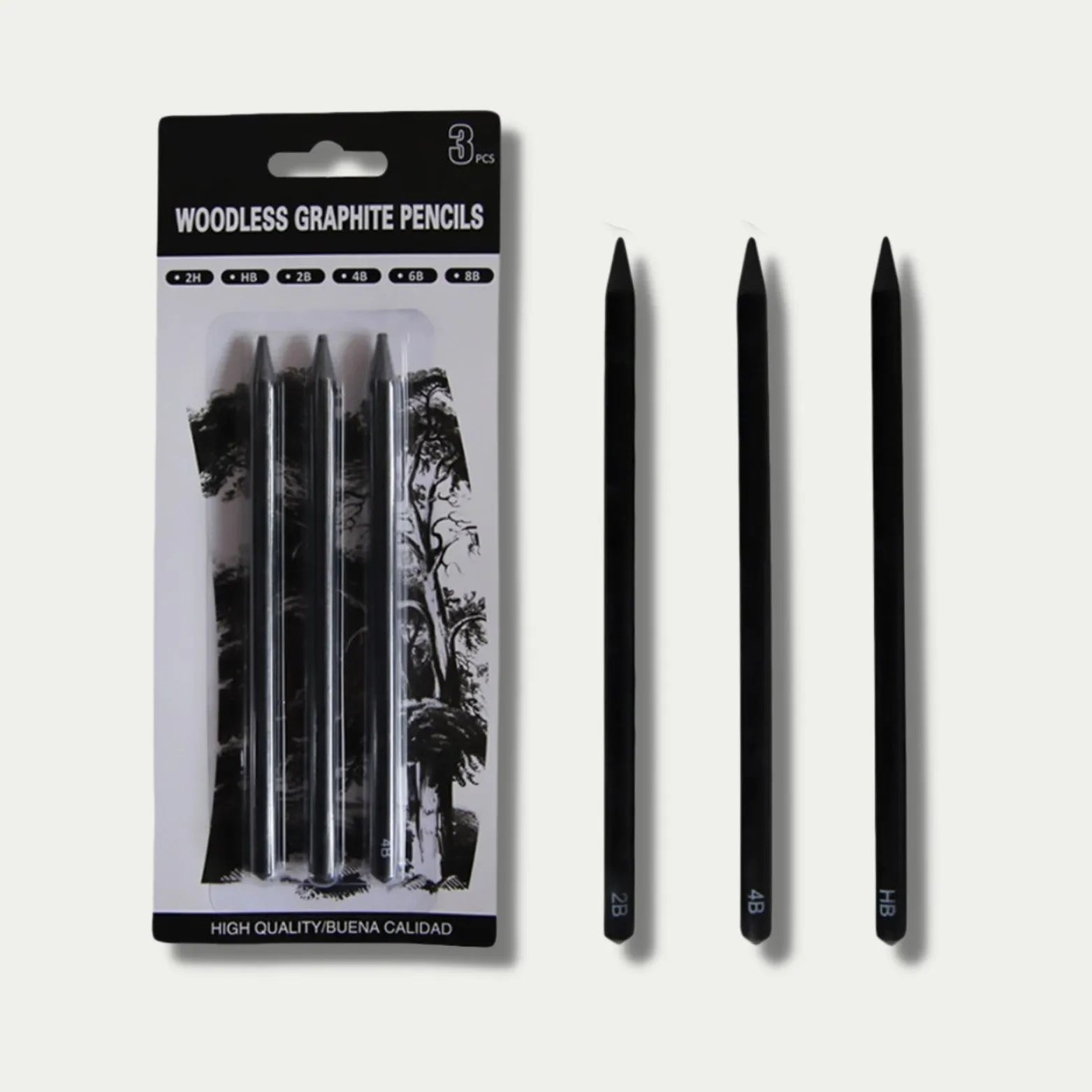 Graphite sketching pencil set with six art grades from HB to EE in wood-free construction