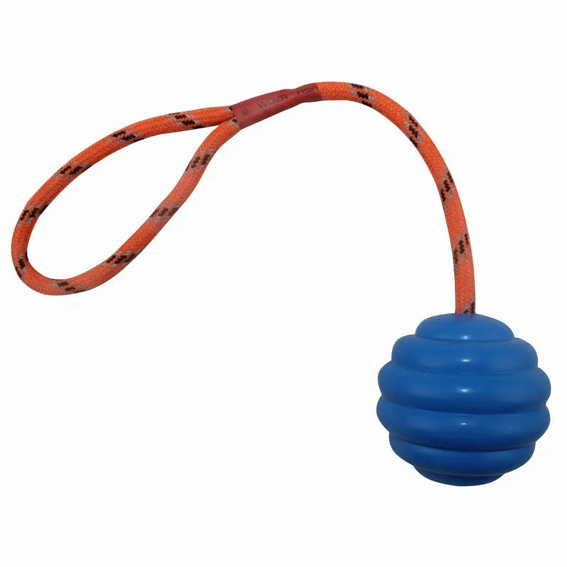 Rubber chew ball pet toy with rope knot design measuring 6x30cm in multiple colours
