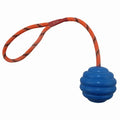Rubber chew ball pet toy with rope knot design measuring 6x30cm in multiple colours
