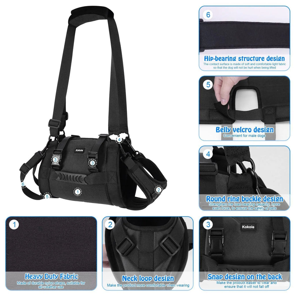Black Oxford cloth dog harness shown on a dog, highlighting adjustable straps and chest support.