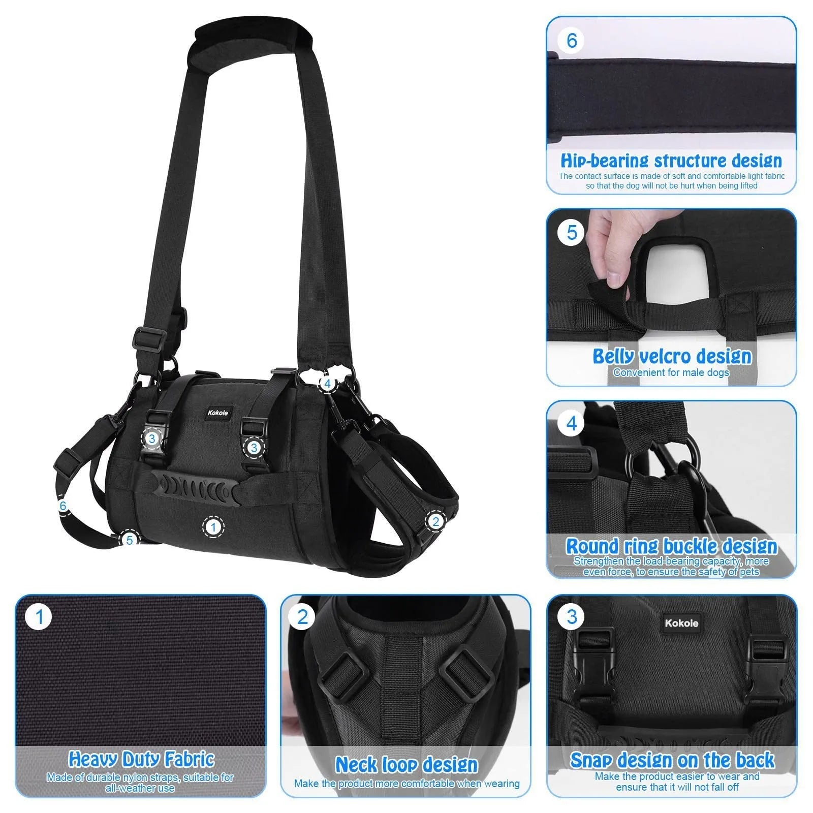 Black Oxford cloth dog harness shown on a dog, highlighting adjustable straps and chest support.