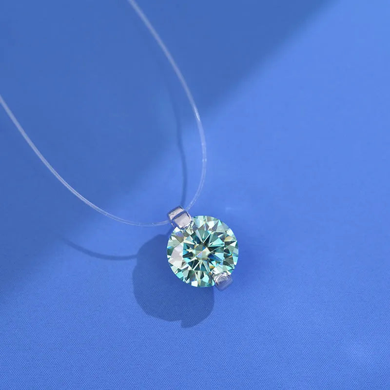 Women's S925 silver necklace with a floating moissanite plum blossom pendant on an invisible fishing line chain.