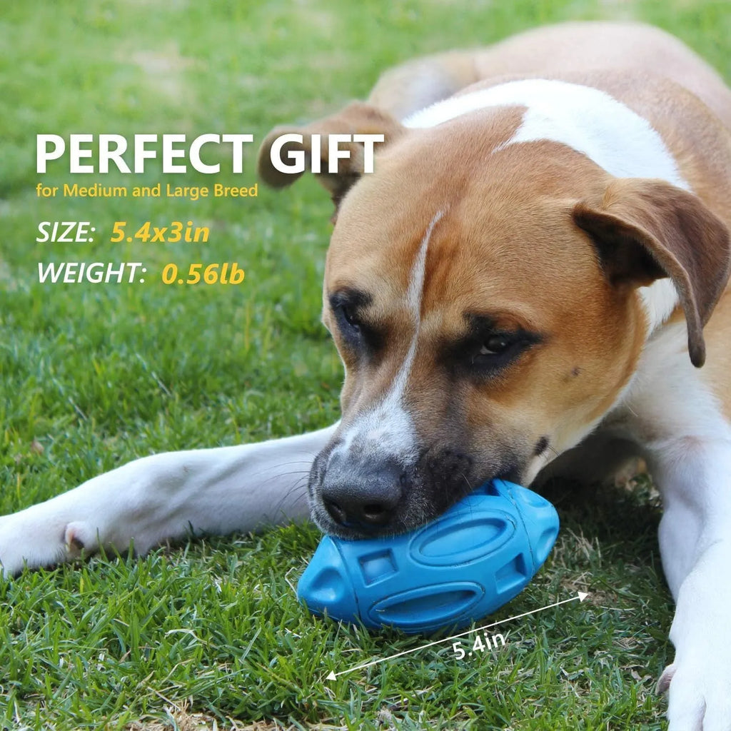 Blue, green, and orange durable natural rubber squeaky dog chew ball for medium and large breeds.