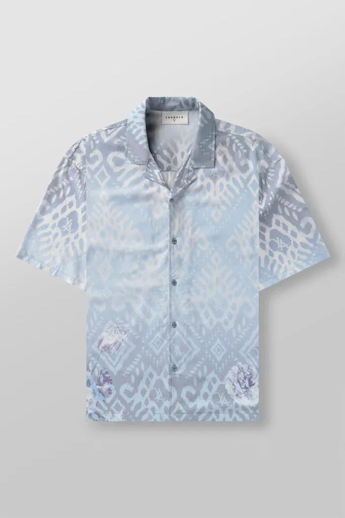 Men's loose fit floral print short sleeve top in polyester fabric shown in beige colour