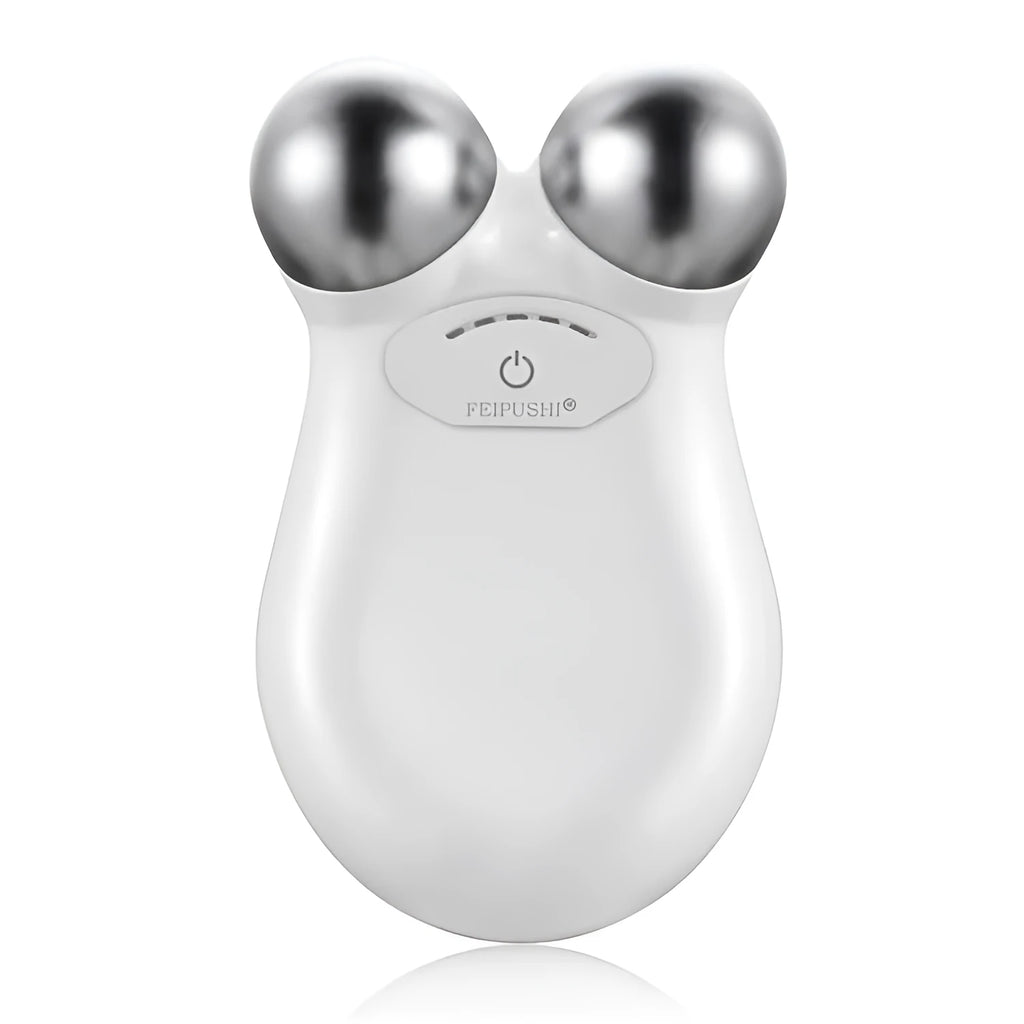 Pink or white HS-858 micro current facial lifting and firming device measuring 106mm by 65mm.