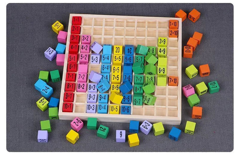 Wooden multi-coloured multiplication table with numbered cubes and base board