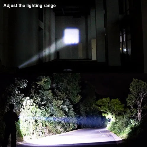 Black mini aluminium alloy telescopic LED flashlight with pocket clip, showing zoom adjustment.