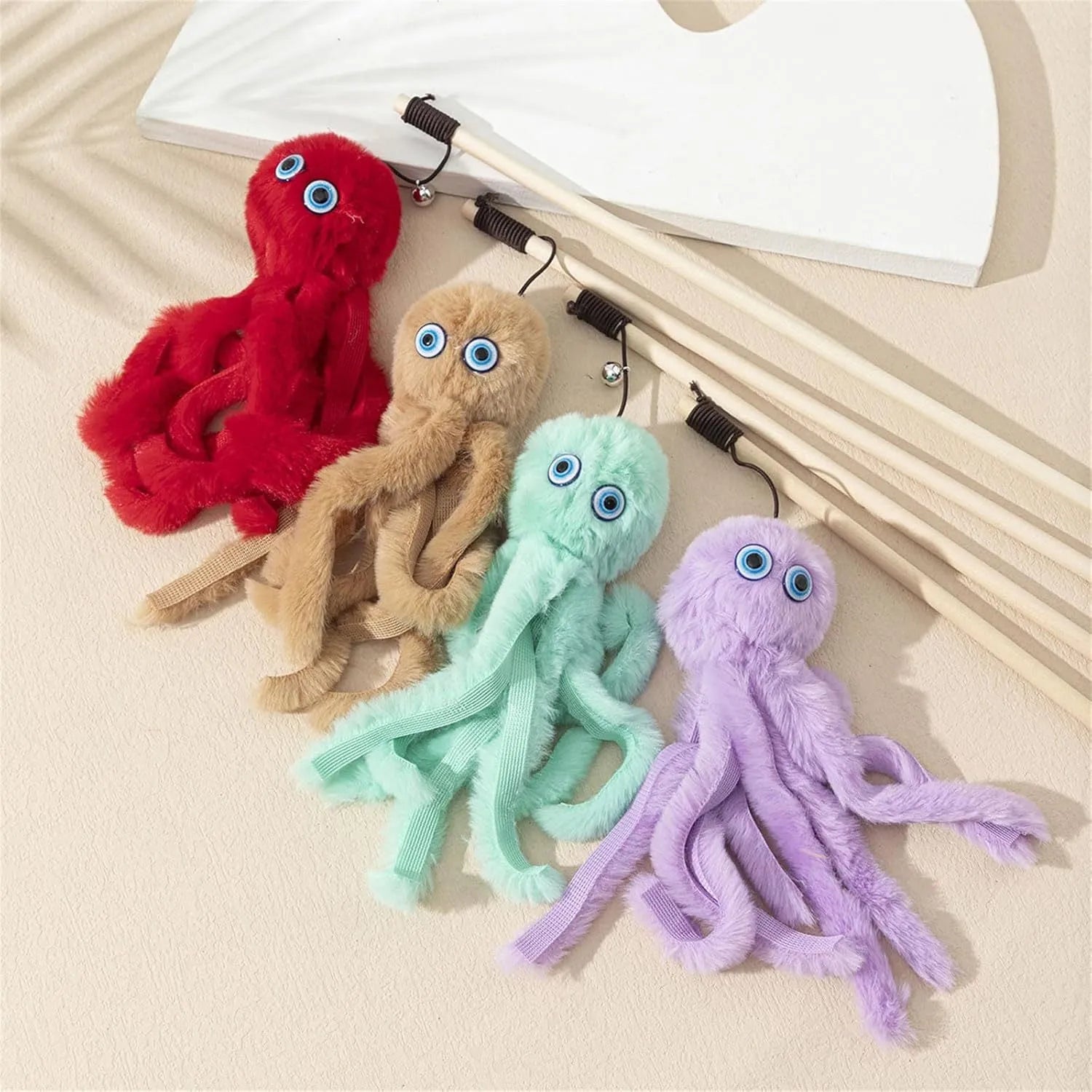 Octopus-themed furry cat toy with eyes on 40cm long stick for indoor kitten play