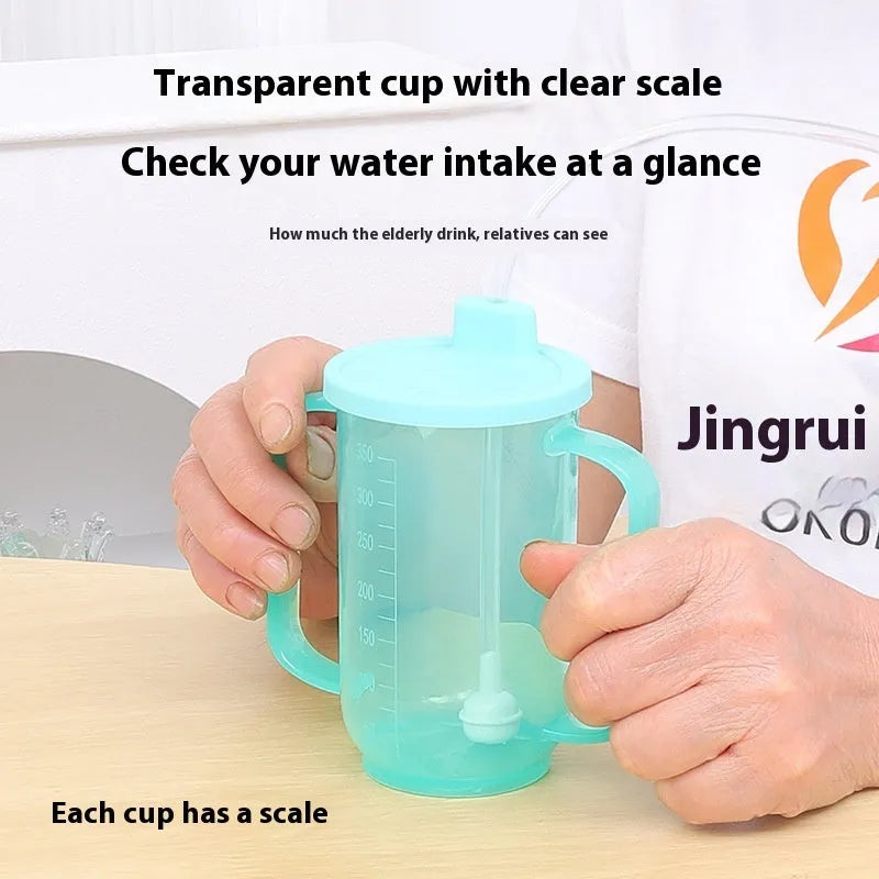 Oblique mouth choke-proof plastic drinking cup with handle and optional wrist splint for elderly adults.