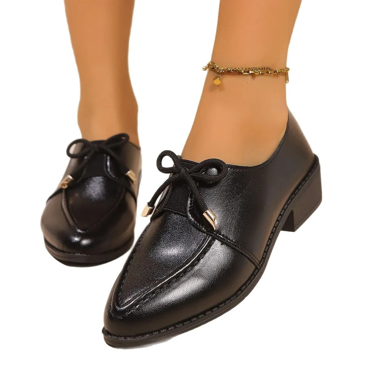 Women's British-style leather shoes with decorative bow, round toe, PU upper and rubber sole