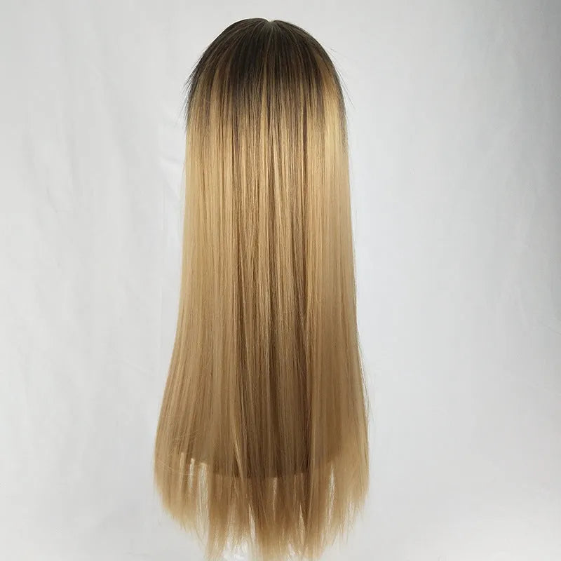 Long straight gradient fake hair wig with air bangs, high temperature silk, available in gradient colours