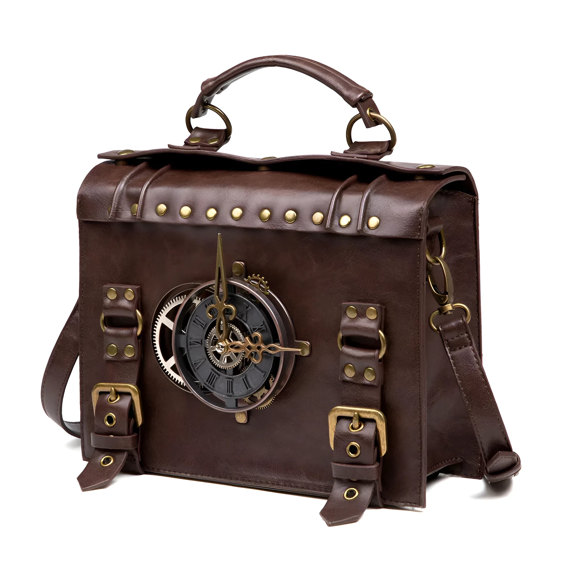 Bronze steampunk industrial retro style square shoulder bag with metal details.