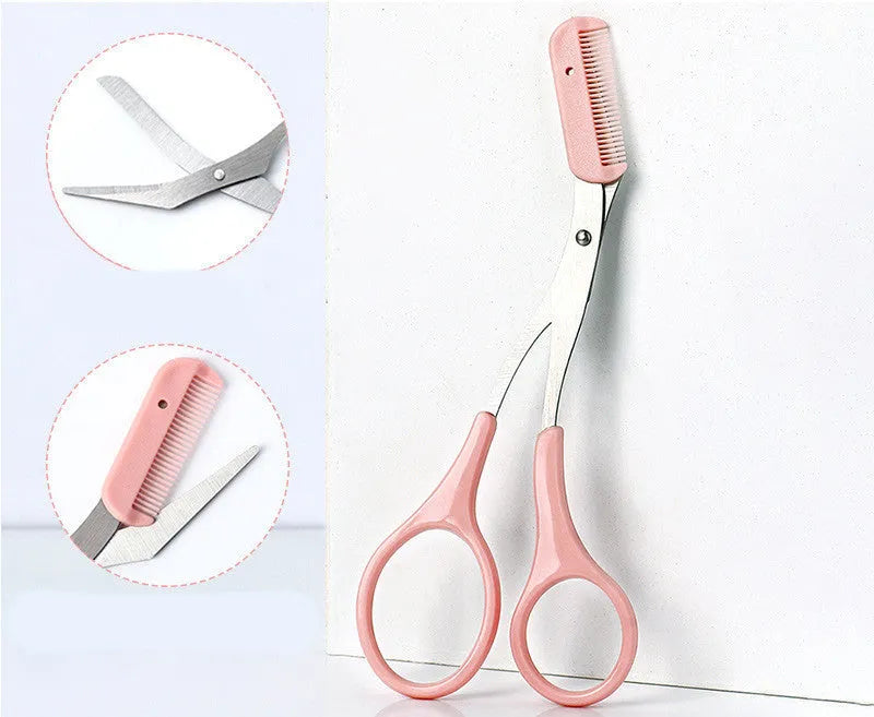 Curved moon eyebrow trimming knife with comb in white and pink colour options