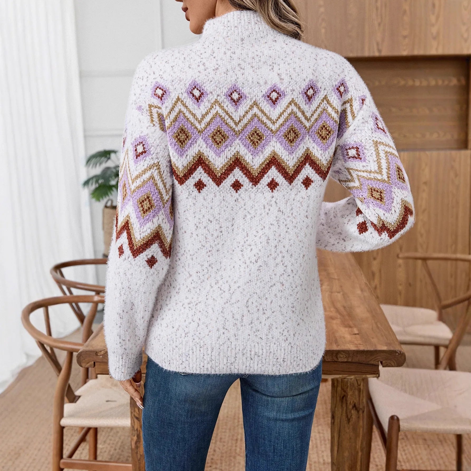 White women's half turtleneck jacquard sweater with geometric pattern and loose fit