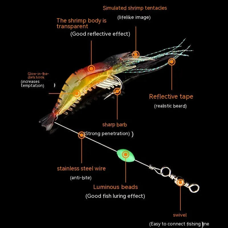 Soft plastic fishing lure with integrated hook in six colour variations including luminous patterns