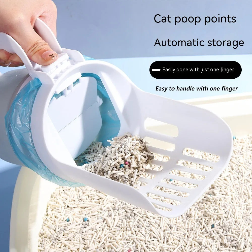Grey, blue, and green cat litter scoop with attached waste bin and foldable bottom.