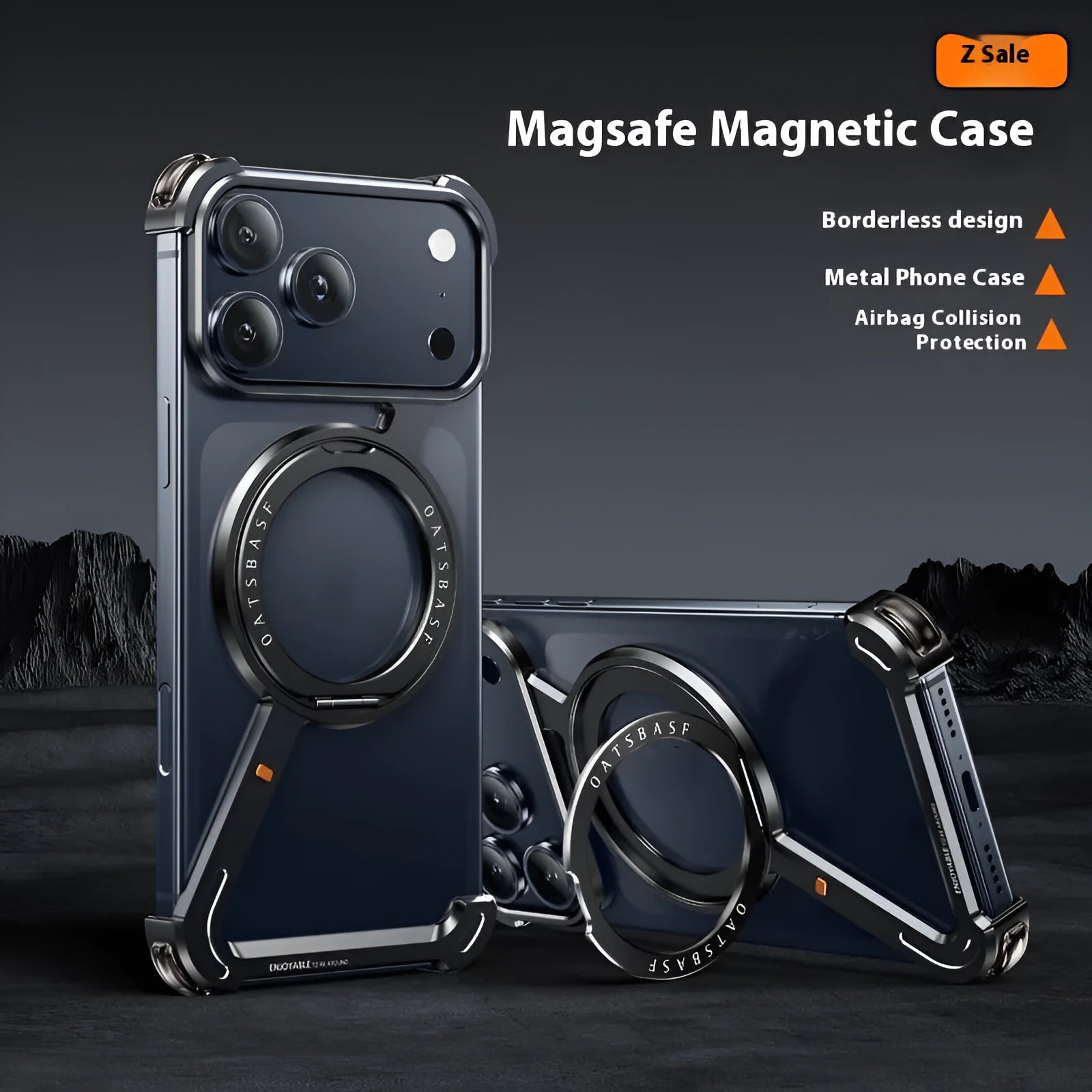 Black metal phone case for iPhone 17 Pro Max showing integrated magnetic bracket on the back.