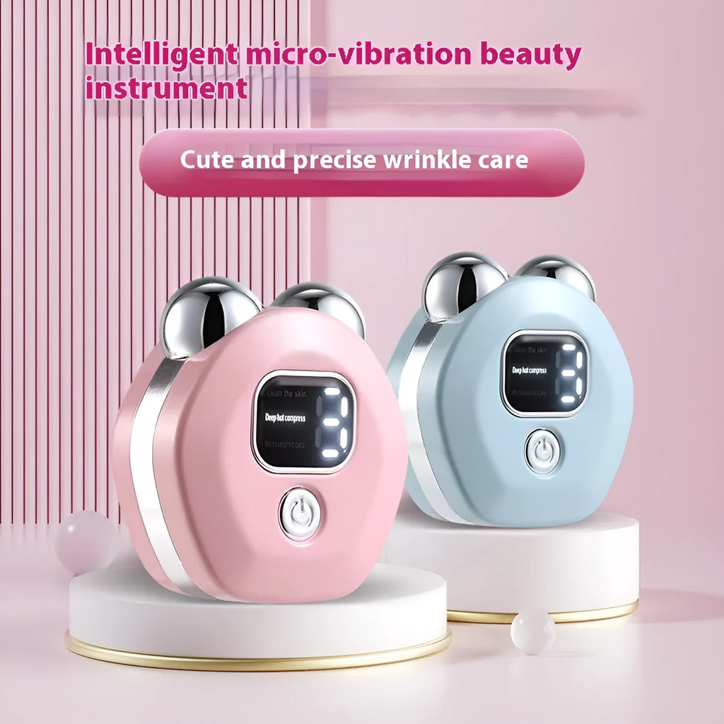 White portable facial massager with double rollers and micro current hot compress function.
