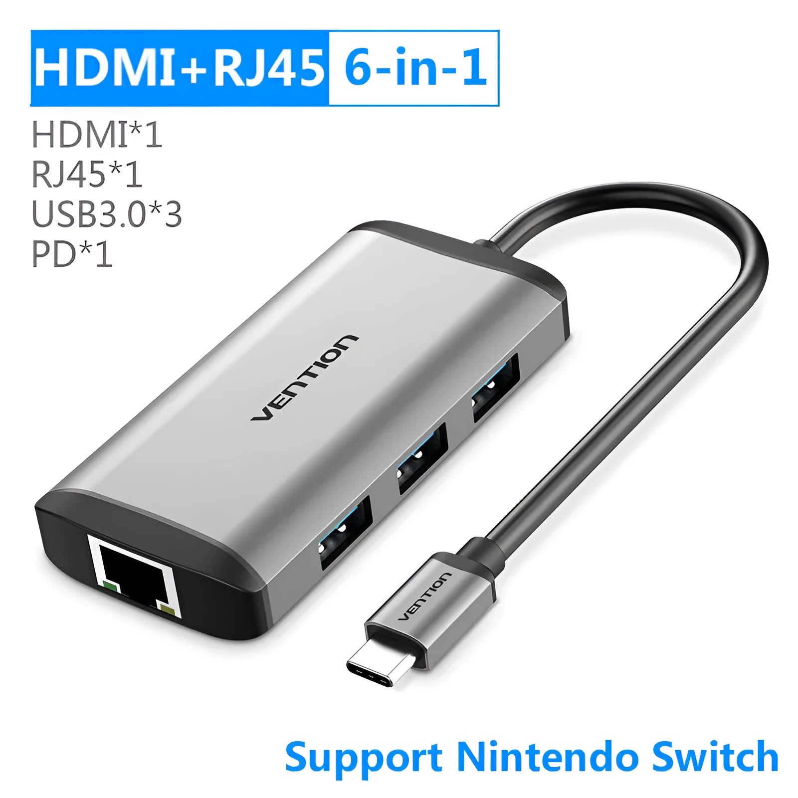 Deep grey USB-C to multi-port hub adapter with HDMI, Ethernet, USB ports and card readers