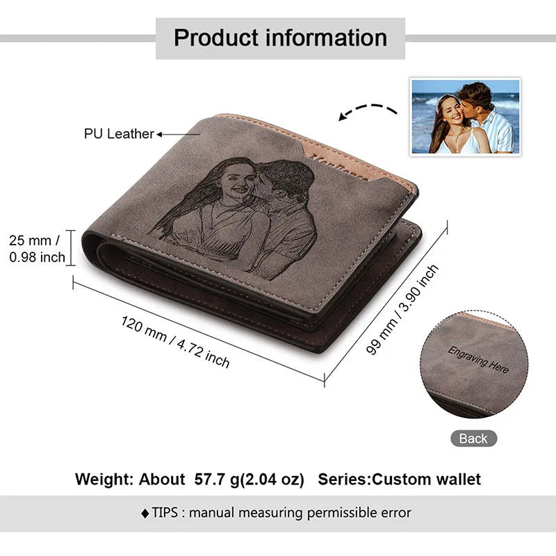 Coffee colour engraved horizontal short wallet with custom lettering on PU leather