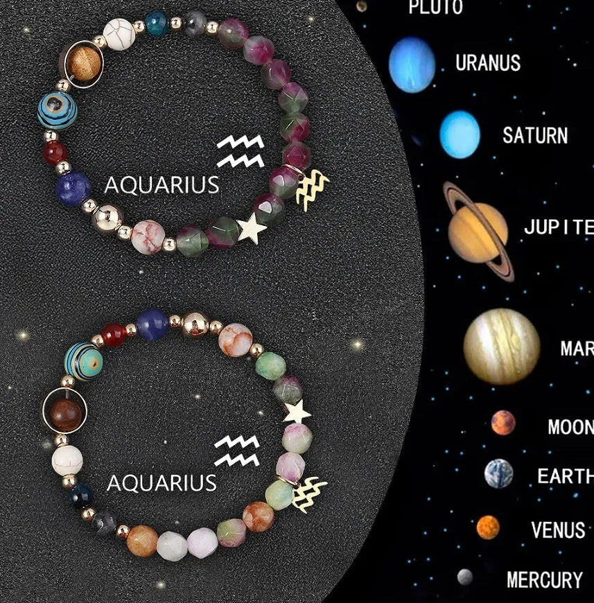 Twelve Zodiac Sign natural stone beaded bracelets showing adjustable designs for astrology jewellery