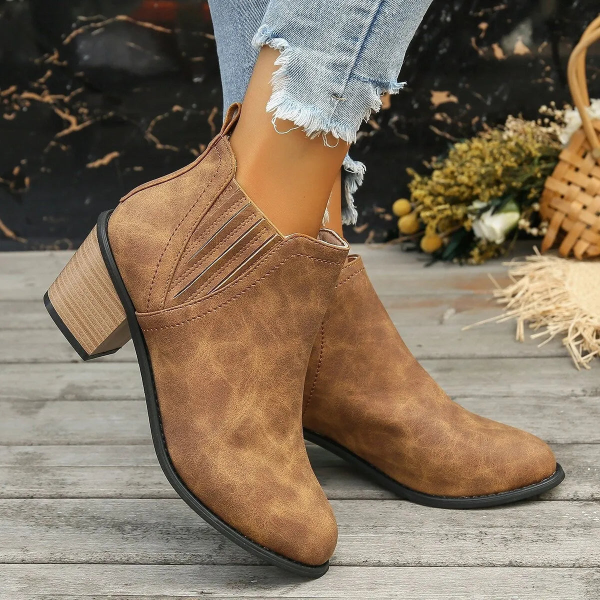 Women's black slip-on ankle boots with pointed toe and thick square heel for autumn winter wear