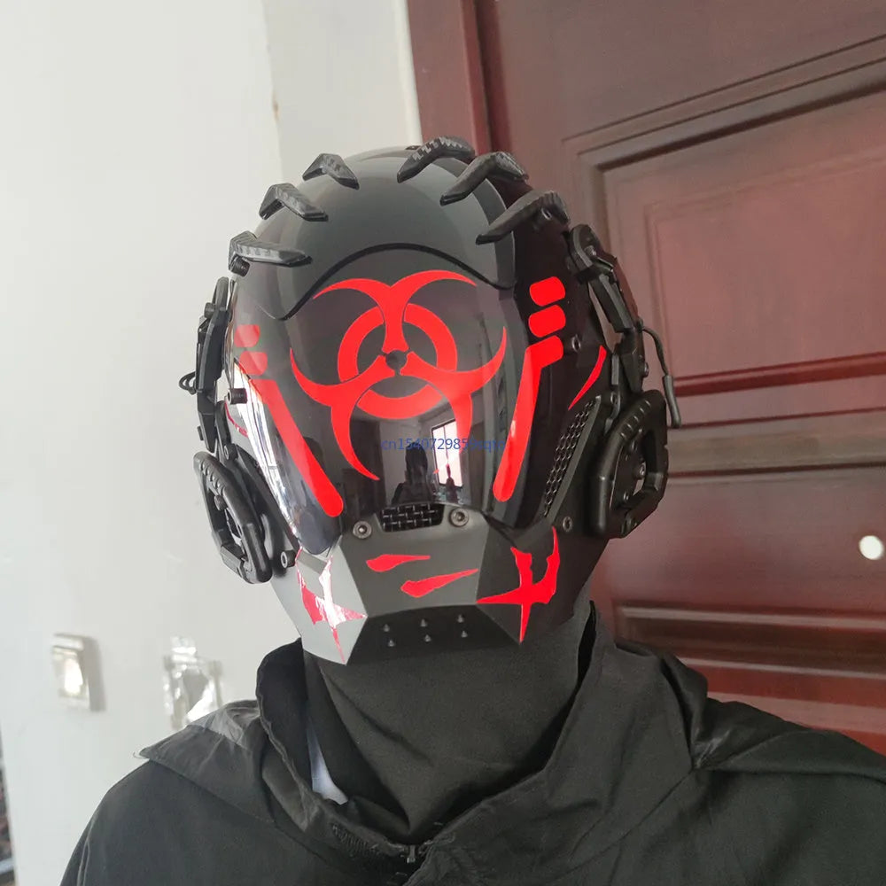 Black full face prop mask helmet for cyberpunk cosplay and themed parties.