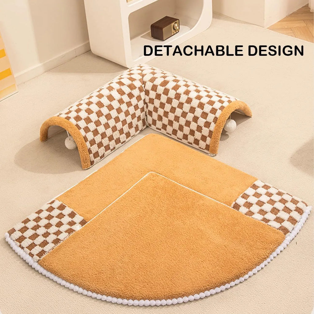 XL coffee coloured plush fan-shaped pet bed with a tunnel for dogs and cats on a wooden floor.