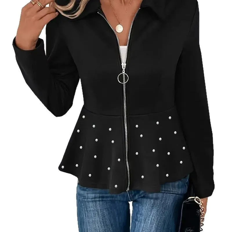 Women's black coat with heavy-duty zipper, beaded trim and ruffled hem in regenerated cellulose fibre blend