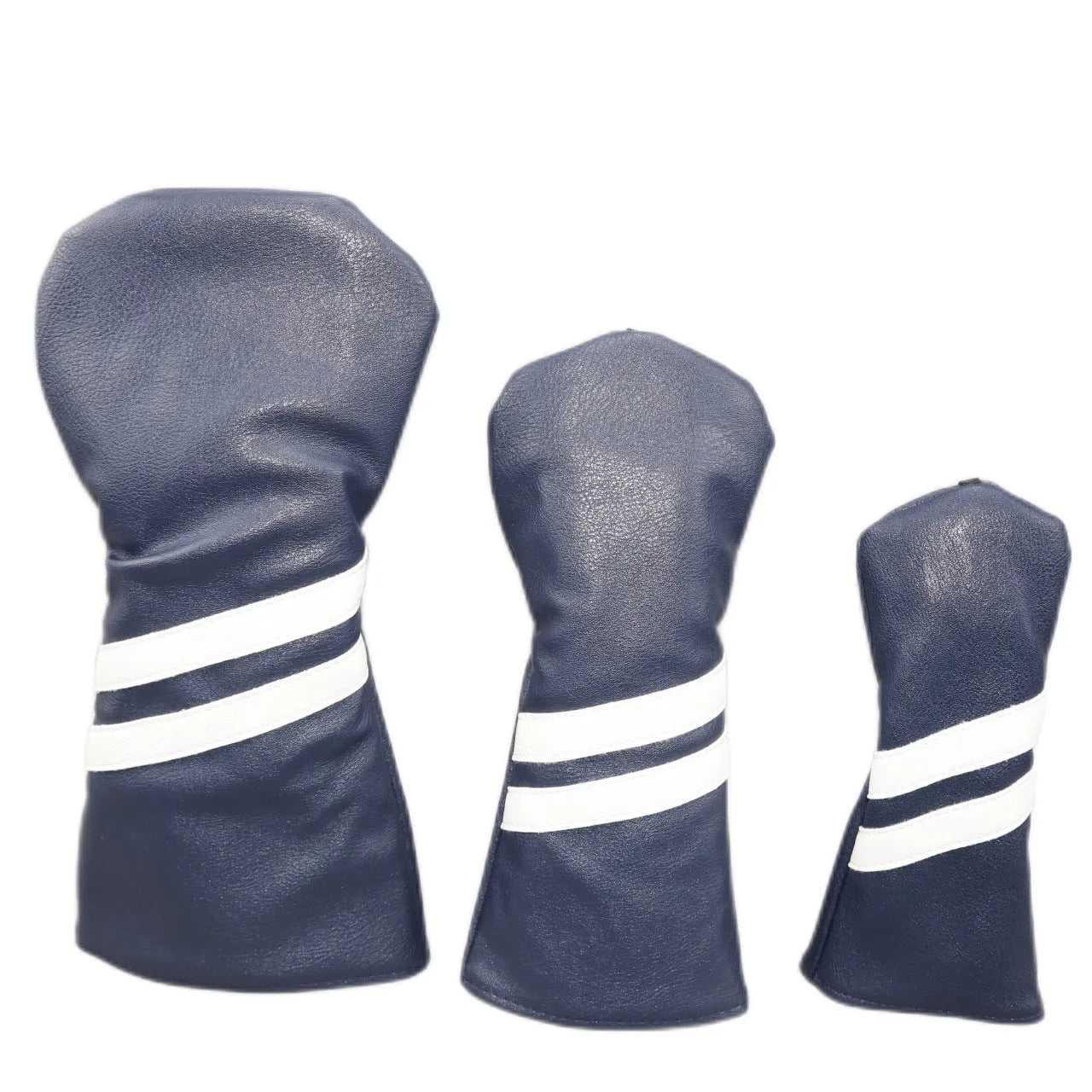PU golf club head cover sleeve with two diagonal stripes for wood clubs, shown in multiple colours and sizes.