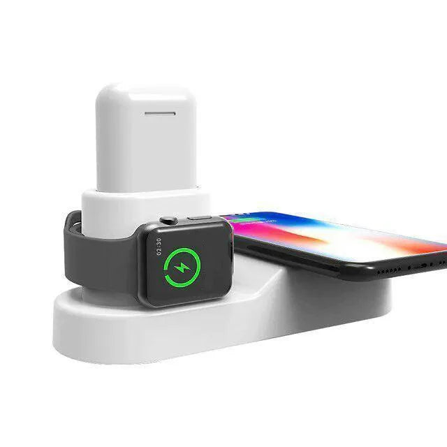 Black W3 model 3-in-1 wireless charging station for Apple Watch, phone and AirPods on a desk