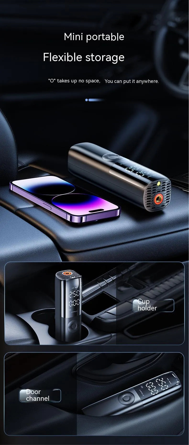 Black portable electric car air pump with plug-in connection and pressure gauge