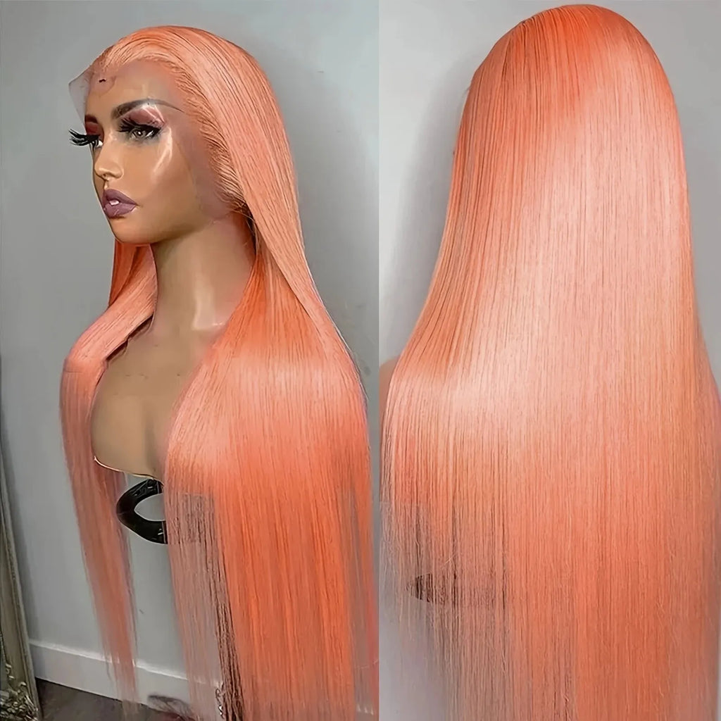 Light orange long straight front lace wig with side bangs on a mannequin head