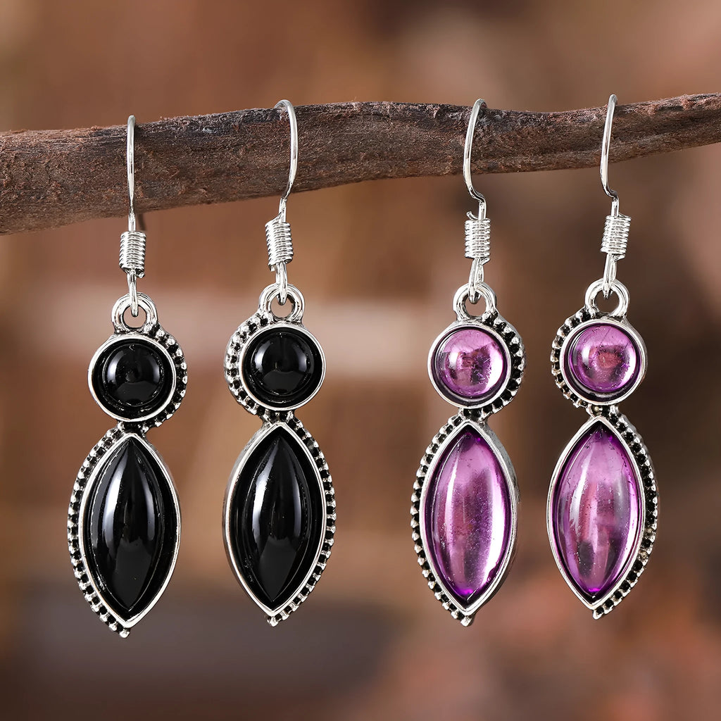 Vintage geometric pendant earrings with black and purple electroplated finish on zinc alloy.