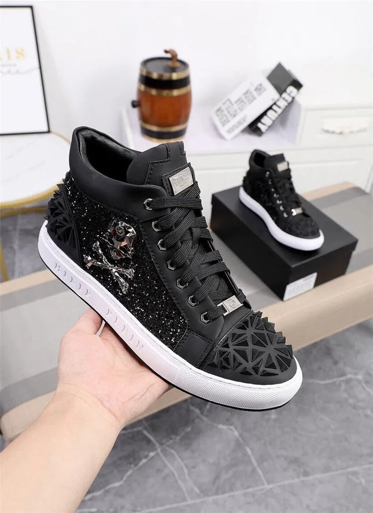 Men's black genuine leather high top skeleton shoes with lace-up front and rubber sole