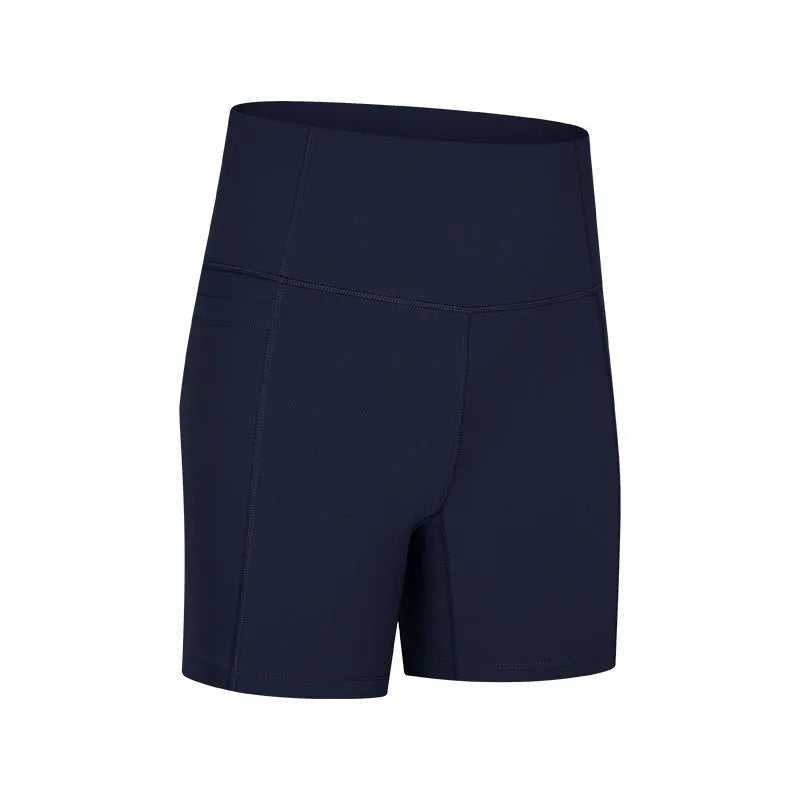 Women's black cotton blend super stretch sports shorts with mid-rise waist and short length.
