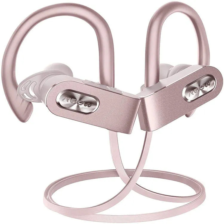 Hanging ear Bluetooth wireless headset in black, pink, or red colour with stereo sound.