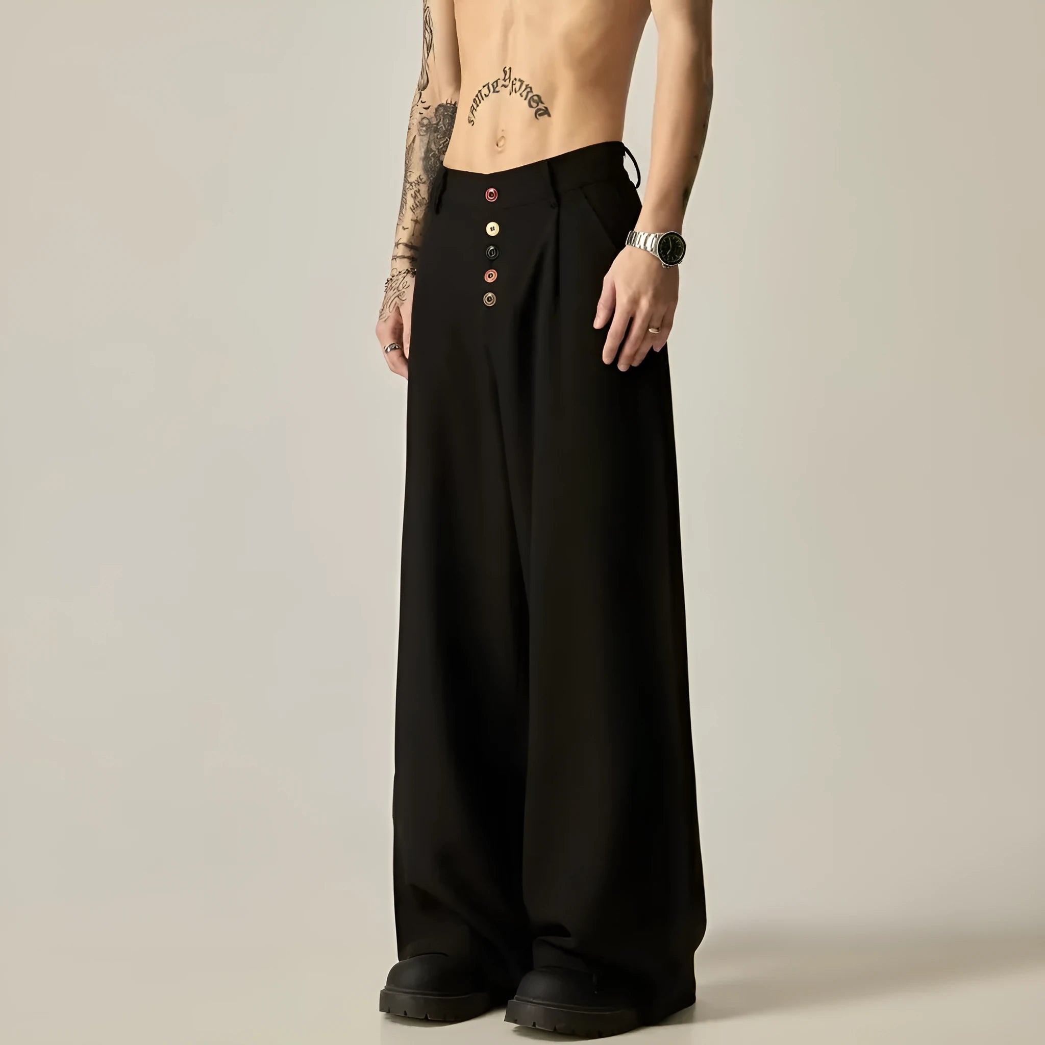 Men's solid colour vertical tube wide-leg casual trousers with elastic mid-waist