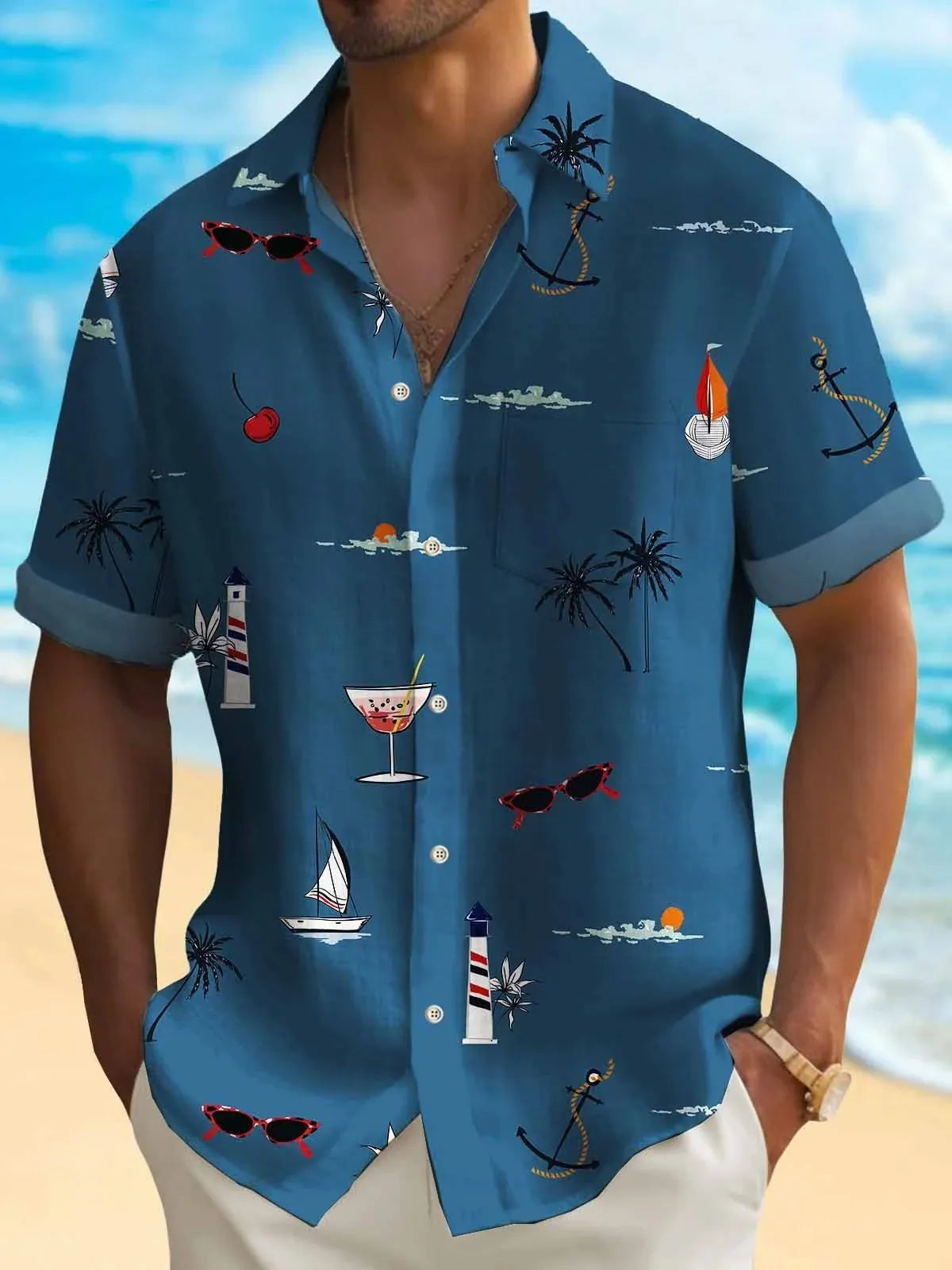 Men's loose fit Hawaiian shirt with digital printed pattern, short sleeves, available in multiple colours