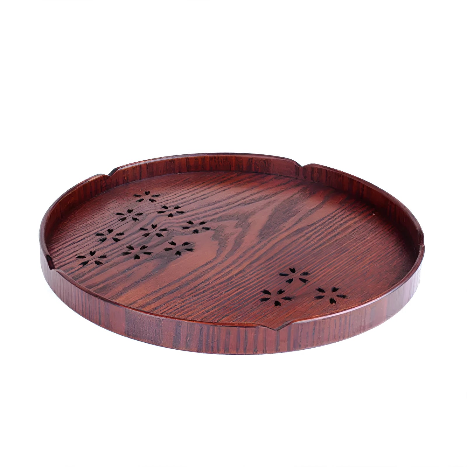 Wooden shallow plate with etched cherry blossom design, approximately 30 cm in diameter.