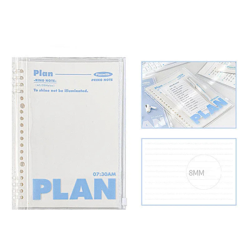 A5 clear PVC notebook case in white or blue colour, showing transparent front cover