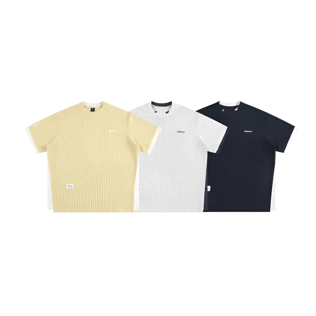 Retro alphabet embroidered loose waffle short-sleeved t-shirt in navy blue, white grey, and yellow colours
