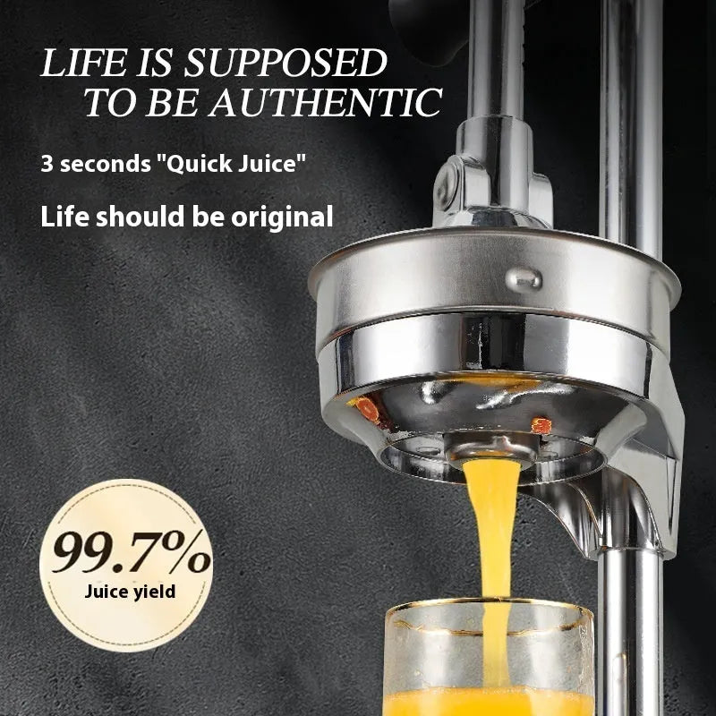 Vertical stainless steel manual juicer with three tip options: pointed head, flat head, and double head.